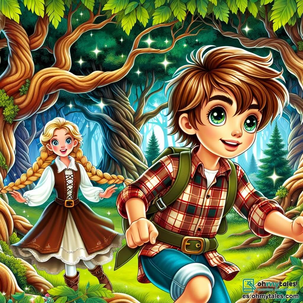 Une illustration destinée aux enfants représentant un garçon aux cheveux castaños et aux yeux pétillants, vêtu d'une chemise à carreaux et d'un short, se tenant courageusement devant une mystérieuse forêt enchantée, où les arbres majestueux aux troncs noueux s'élèvent vers le ciel, leurs feuilles d'un vert éclatant dansent au gré du vent, tandis qu'à ses côtés, une fille aux trenzas dorées et au sourire audacieux, prête à l'accompagner dans une quête palpitante à la recherche d'un trésor caché.