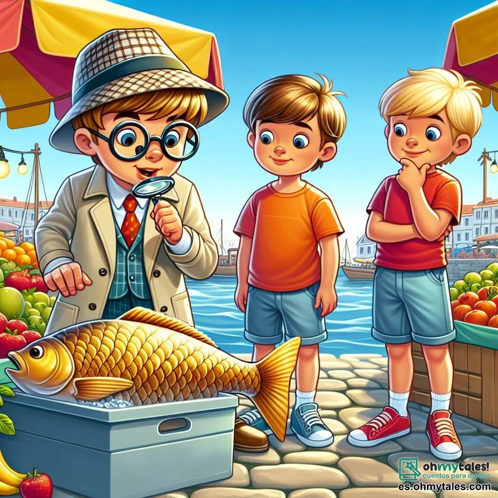 Une illustration sous forme de dessin destinée aux enfants représentant un marché coloré en bord de mer, avec des étals de poissons et de fruits, où un jeune garçon aux cheveux bruns et aux lunettes rondes, vêtu d'une chemise à carreaux et d'un chapeau de détective, examine attentivement une grande échelle de poisson brillante, tandis que deux garçons aux cheveux blonds, l'un portant un t-shirt rouge et l'autre un pull bleu, se tiennent à ses côtés, curieux et excités, alors qu'ils tentent de résoudre le mystère de la disparition d'un poisson géant volé.