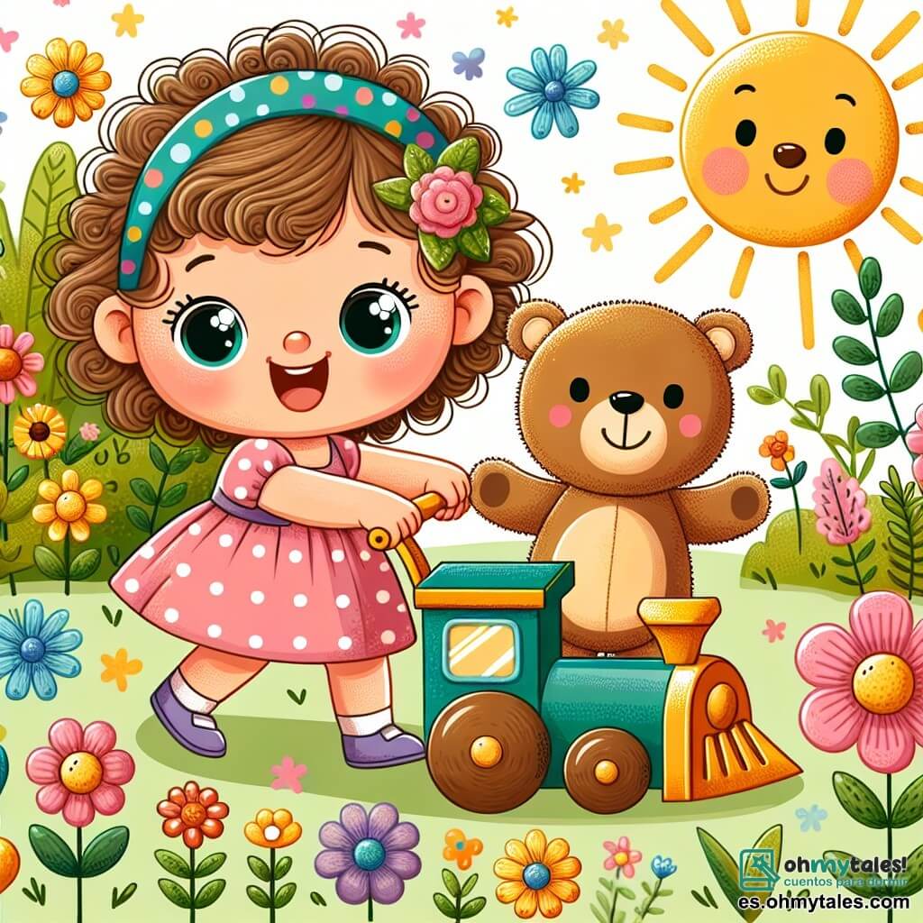 Une illustration sous forme de dessin destinée aux enfants représentant un jardin ensoleillé rempli de fleurs colorées et de verdure, où une petite fille de 1 an aux cheveux bouclés et aux yeux pétillants, vêtue d'une robe à pois, pousse un train en carton avec enthousiasme, tandis qu'à ses côtés, un ours en peluche marron aux bras ouverts semble prêt à vivre une aventure, le tout illustrant leur joyeuse exploration vers un monde magique.