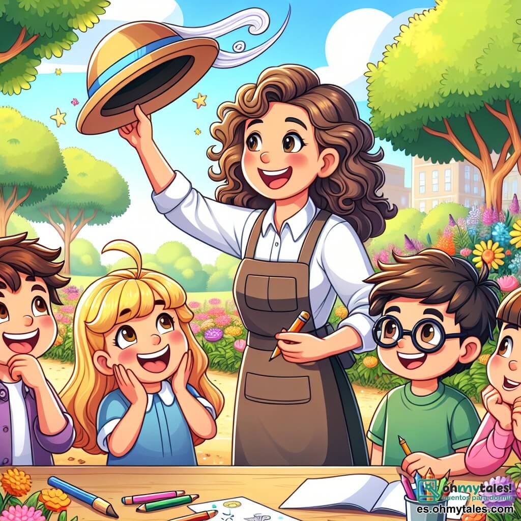 Une illustration sous forme de dessin destinée aux enfants représentant un parc ensoleillé rempli de fleurs colorées et d'arbres verdoyants, où une femme aux cheveux bouclés et au sourire éclatant, vêtue d'une blouse de travail, montre avec enthousiasme un chapeau volant à un groupe de quatre enfants : une fille aux cheveux longs et blonds qui tient un crayon magique, un garçon aux cheveux bruns et rieurs qui regarde le chapeau avec émerveillement, une fille aux lunettes qui prend des notes, et un garçon aux cheveux courts qui semble un peu timide mais curieux, tous captivés par l'invention et l'esprit créatif qui les entoure.