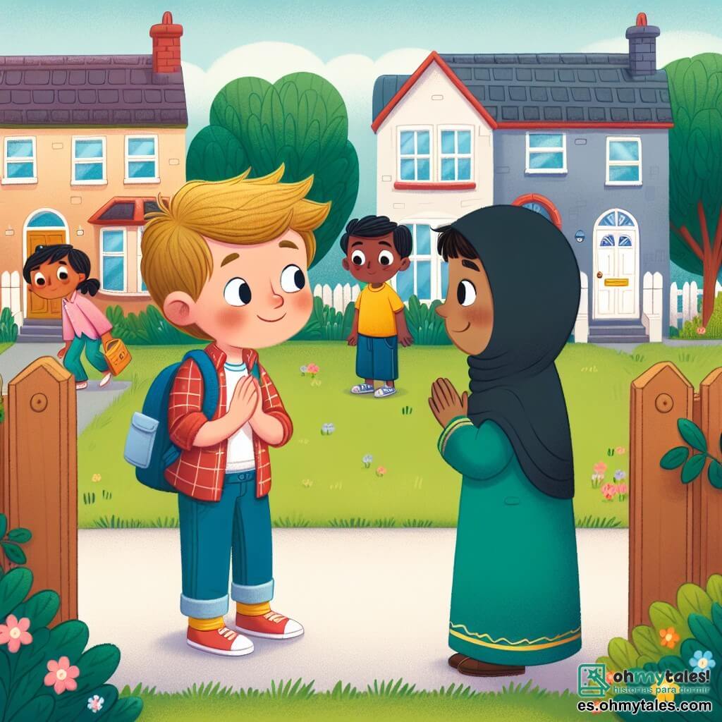Une illustration destinée aux enfants représentant un jeune garçon curieux, faisant la rencontre d'un nouveau voisin timide, dans un paisible quartier aux maisons colorées et aux jardins fleuris.