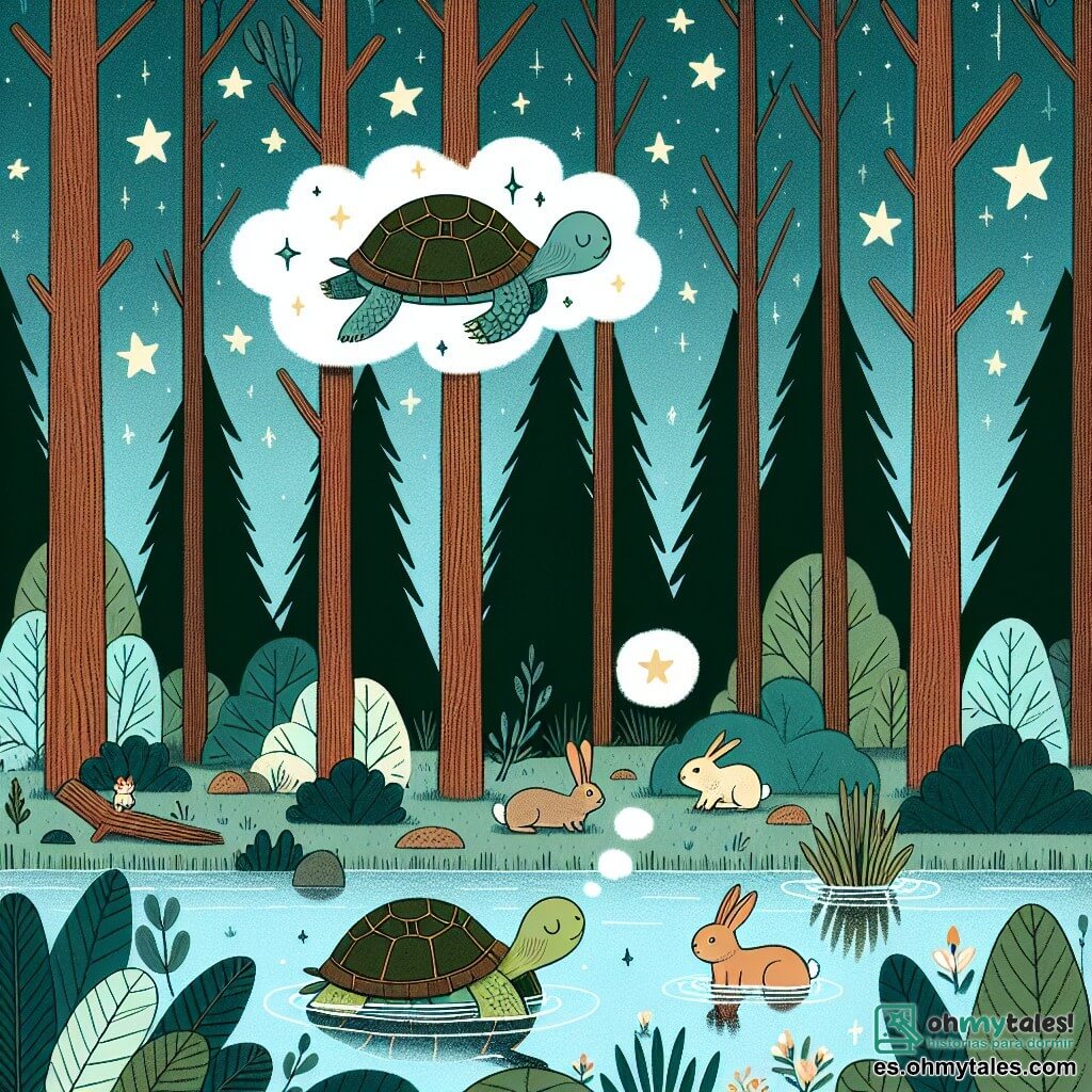 Une illustration destinée aux enfants représentant une tortue intrépide qui rêve d'aventure, accompagnée d'un petit lapin, dans un estanque entouré de grands arbres dans un bois enchanté.