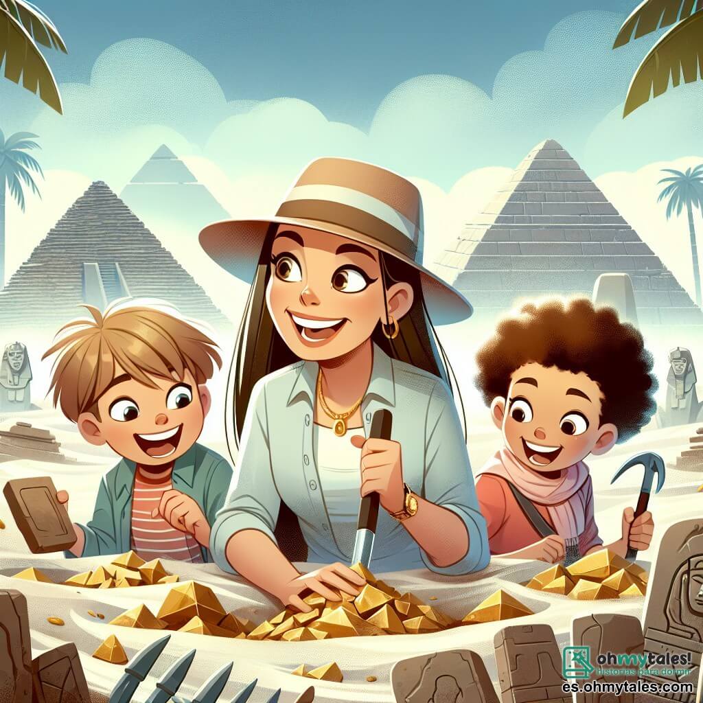 Une illustration destinée aux enfants représentant une archéologue passionnée, accompagnée de deux enfants curieux, découvrant des trésors anciens dans un yacimiento arqueológico entouré de pyramides mystérieuses et de ruines anciennes.
