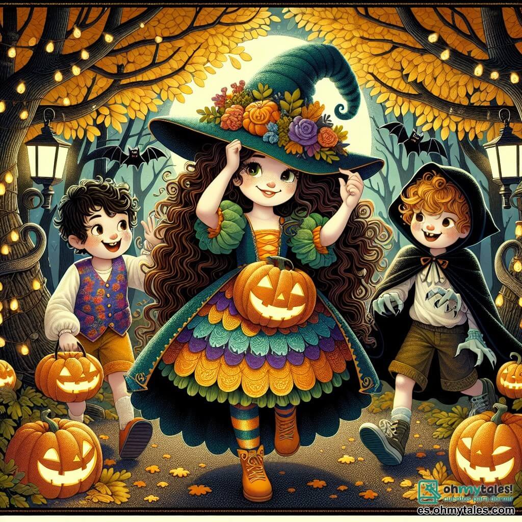 Une illustration sous forme de dessin destinée aux enfants représentant un mystérieux et enchanté bois d'Halloween, avec des arbres aux feuilles dorées et des ombres dansantes, où une fille de 11 ans aux cheveux bruns et bouclés, portant un costume de sorcière coloré, sourit en tenant un vieux chapeau de fantôme, tandis qu'à ses côtés, deux garçons aux costumes de vampire et de monstre, l'un avec une cape noire et l'autre avec des griffes en plastique, l'encouragent joyeusement à résoudre un mystère, entourés de lanternes scintillantes et de citrouilles souriantes.