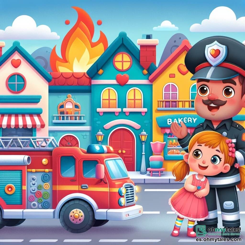 Une illustration destinée aux enfants représentant un homme courageux en uniforme de pompier, sa fille, une petite fille aux yeux brillants, et un camion de pompiers rouge vif, stationné devant une panadería en flammes, dans le petit village coloré de Villaverde.