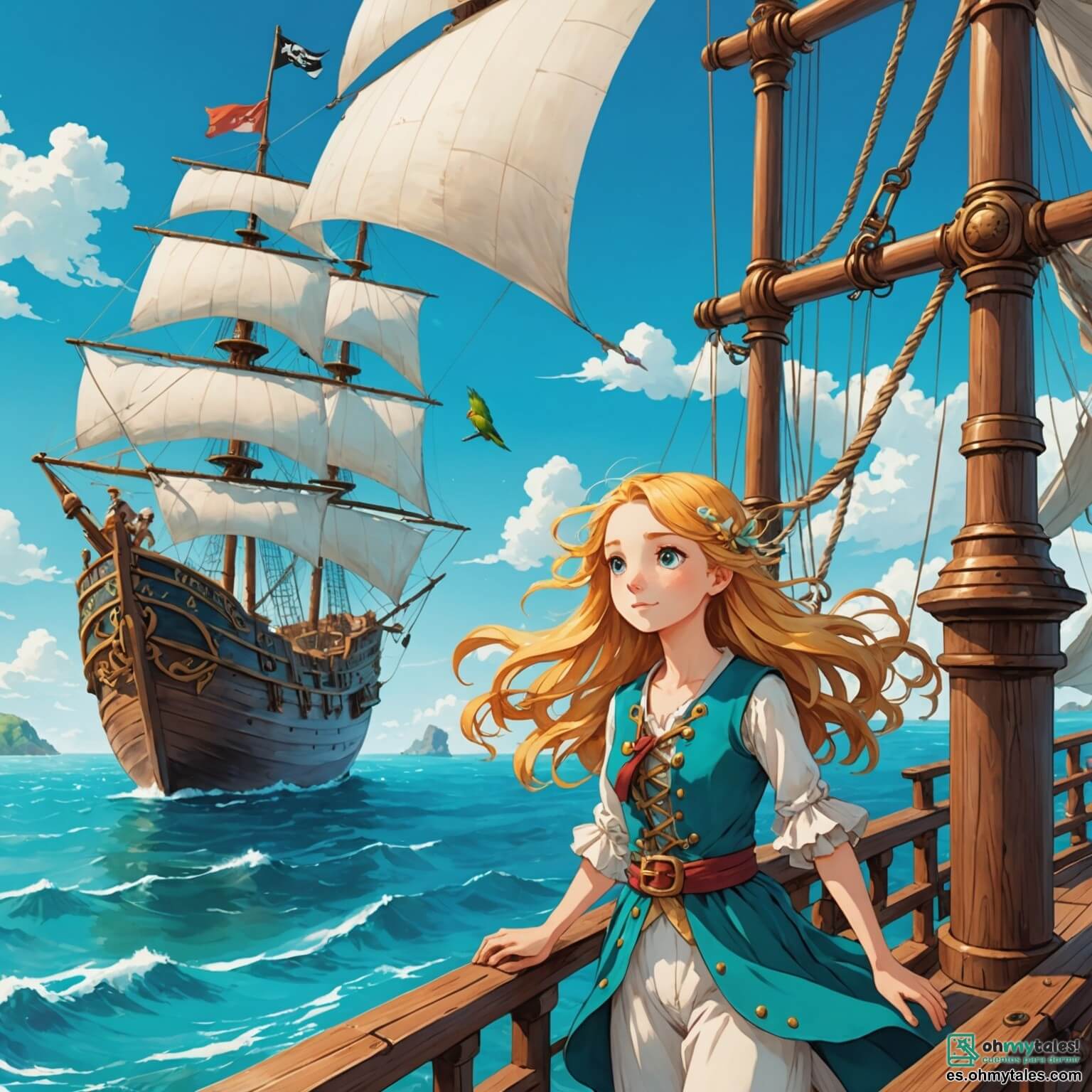 Une illustration destinée aux enfants représentant une jeune fille aux cheveux dorés flottant comme des vagues sous le vent, se tenant fièrement sur le pont d'un vieux navire pirate en bois, entourée de voiles blanches qui claquent sous le ciel azur, tandis qu'un perroquet coloré, son fidèle compagnon, se perche sur son épaule, alors qu'ils naviguent à travers des eaux turquoise parsemées d'îles mystérieuses et de trésors cachés.