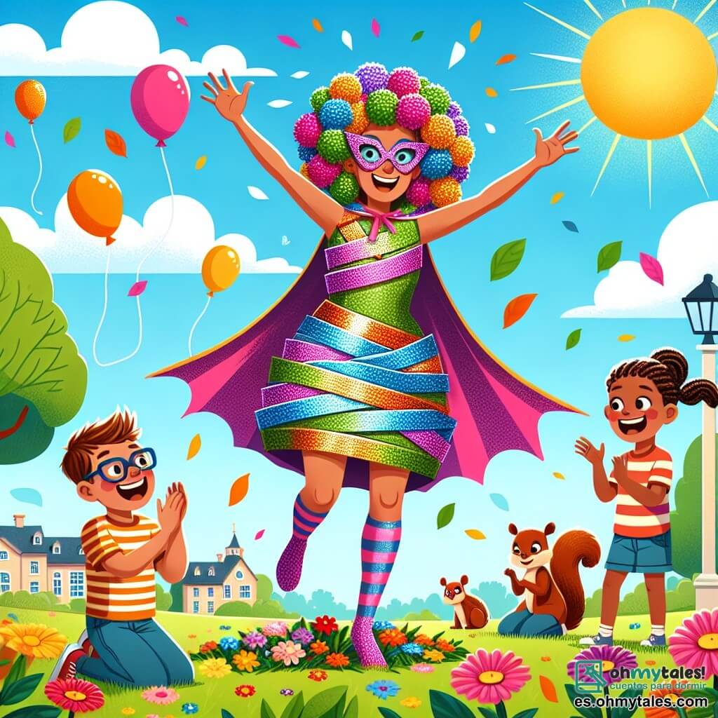 Ilustración que representa un parque soleado de Risasville, lleno de flores coloridas y árboles de hojas brillantes. En el centro, una joven con cabello rizado y colorido, vestida con un traje de superhéroe hecho de papel de regalo, con una capa brillante y pompones multicolores, se equilibra sobre un pie, sonriendo ampliamente. Está rodeada de varios niños, incluyendo un niño de unos 8 años con gafas y una camiseta a rayas, que aplaude con entusiasmo, y una niña de aproximadamente 7 años con trenzas, que ríe señalando a la superhéroe. La escena principal muestra a la joven tratando de hacer un aterrizaje espectacular después de haber volado, pero tropieza alegremente en un montón de hojas, creando una situación cómica. Risas resuenan a su alrededor, y animales como ardillas curiosas la observan, añadiendo un toque de magia a la ilustración. Globos de colores flotan en el cielo azul, y el sol brilla, aportando una atmósfera alegre y lúdica a esta escena llena de vida.