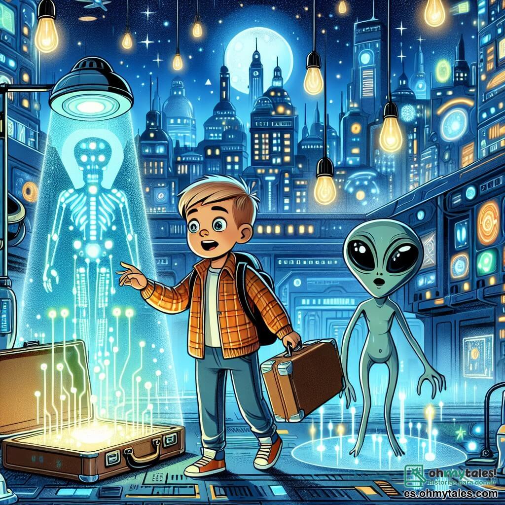 Une illustration destinée aux enfants représentant un garçon inventif découvrant un mystérieux artefact dans une ville futuriste aux rues brillantes et aux hologrammes scintillants, accompagné d'un extraterrestre amical dans un laboratoire abandonné.