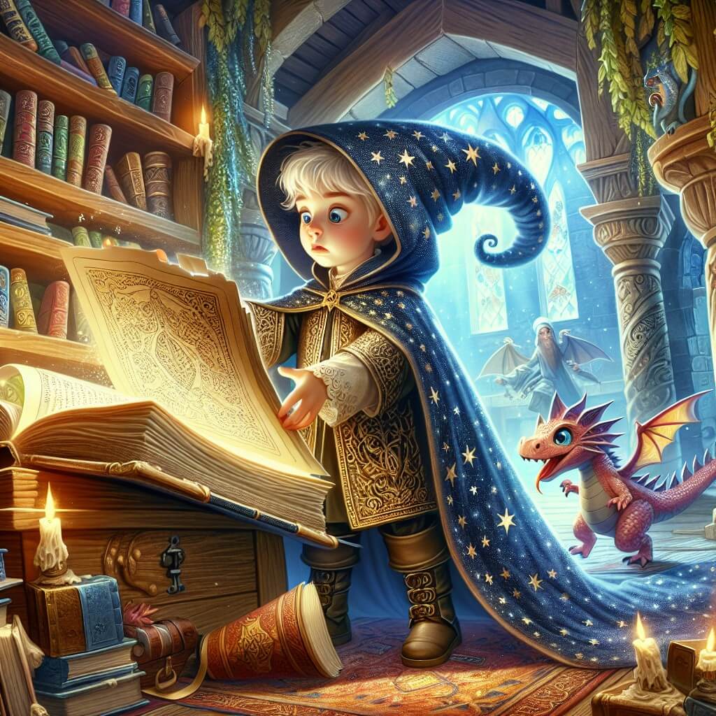 Une illustration destinée aux enfants représentant un jeune apprenti sorcier, vêtu d'une cape étoilée, découvrant un mystérieux grimoire dans une bibliothèque ancestrale, accompagné d'un petit dragon enjoué, dans un village caché au cœur d'une forêt enchantée, où les arbres dansent au rythme des sorts magiques.