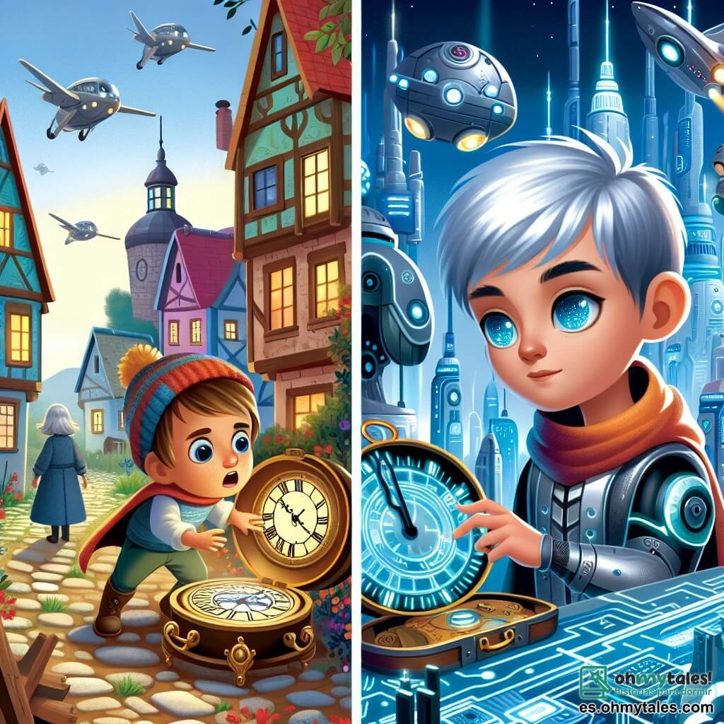 Une illustration destinée aux enfants représentant un garçon curieux et aventurier découvrant un mystérieux reloj antique dans un petit village aux maisons colorées et aux ruelles pavées, tandis qu'une fille futuriste aux cheveux argentés et aux yeux brillants l'accompagne dans un monde futuriste rempli de bâtiments brillants et de véhicules volants.