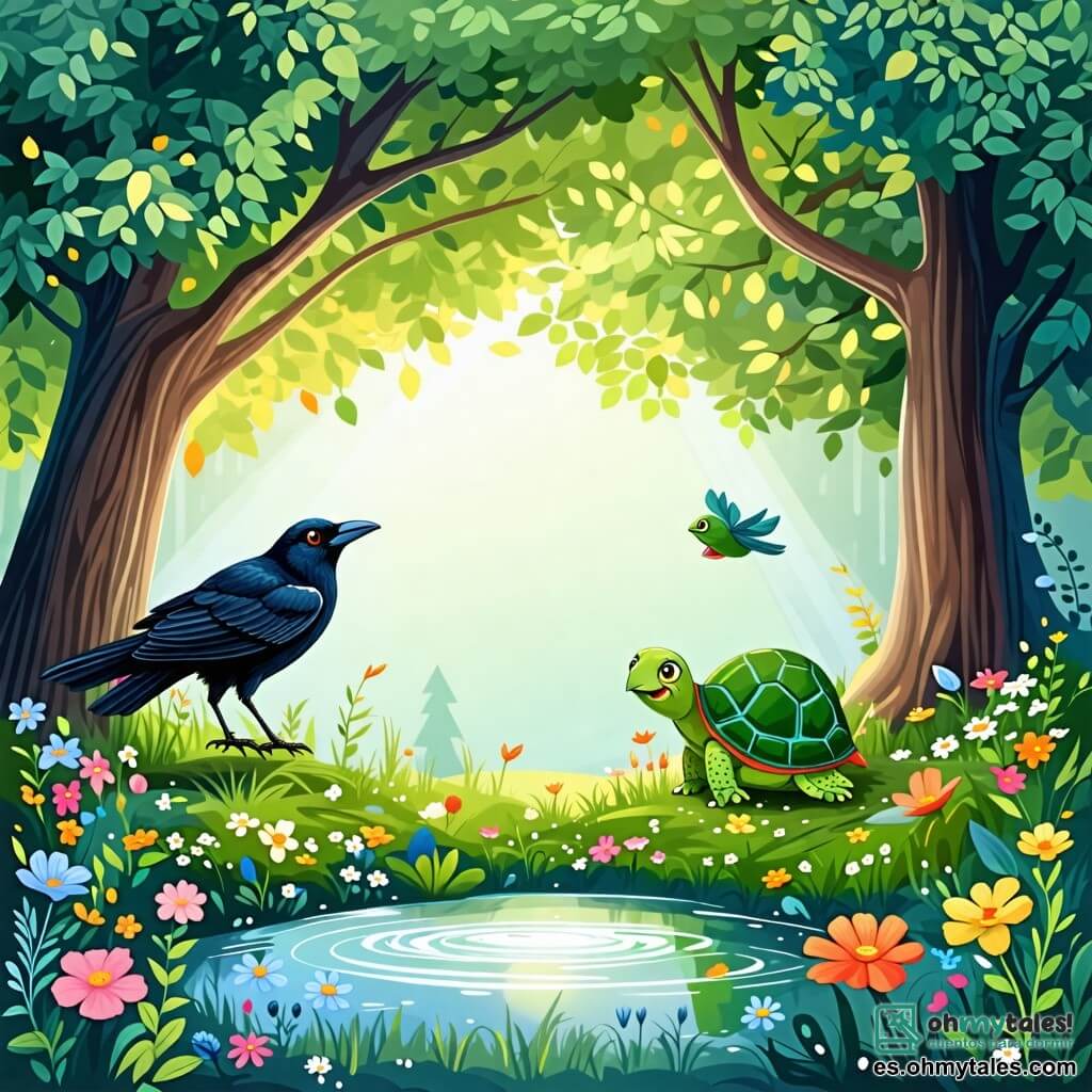 Une illustration sous forme de dessin destinée aux enfants représentant un magnifique bois verdoyant avec des arbres majestueux et des fleurs colorées, où un corbeau à plumage noir brillant et aux yeux pétillants vole joyeusement dans le ciel, portant sur son dos une petite tortue au carapace verte et aux yeux doux, tandis qu'elles traversent un charco scintillant, symbolisant l'amitié et l'entraide entre les animaux.