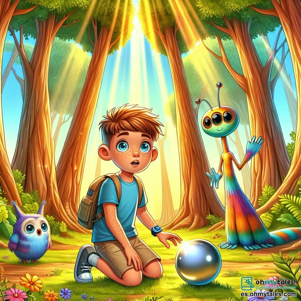Ilustración que representa un claro de bosque soleado, donde grandes árboles de troncos robustos se elevan hacia el cielo, sus hojas de un verde brillante filtrando la luz dorada del sol. En el centro, un niño de 11 años, con cabello castaño y ojos llenos de curiosidad, lleva una camiseta azul y un pantalón corto beige. Está agachado, observando con asombro una esfera plateada que acaba de aterrizar, con las manos sobre las rodillas y el rostro iluminado por la emoción. A su lado, dos criaturas extraterrestres de cuerpos esbeltos y coloridos, con ojos redondos y brillantes, flotan ligeramente sobre el suelo, una de ellas sosteniendo una pequeña tableta luminosa. La escena desprende una atmósfera de asombro y descubrimiento, con flores silvestres de colores esparcidas alrededor y pájaros cantando en los árboles. Una suave brisa hace danzar las hojas, añadiendo un toque de magia a este momento único de amistad intergaláctica.