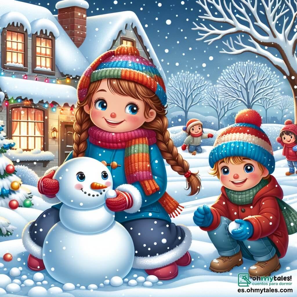 Ilustración que representa un jardín nevado, donde copos de nieve caen suavemente sobre un suelo cubierto por una gruesa capa blanca. En el centro de la escena, una niña de 11 años, con largos cabellos castaños trenzados, lleva un abrigo azul brillante, un gorro rojo y guantes multicolores. Está agachada, sonriendo, moldeando un muñeco de nieve, añadiendo una zanahoria para la nariz y piedras para los ojos. Cerca, un niño de 10 años, con cabello rubio despeinado y una sonrisa traviesa, sostiene una bola de nieve en su mano, listo para lanzar una batalla amistosa. El fondo muestra árboles desnudos, cuyas ramas están adornadas de nieve, y una casa acogedora con luces centelleantes que brillan a través de las ventanas. La atmósfera es alegre y festiva, capturando el espíritu lúdico del invierno.