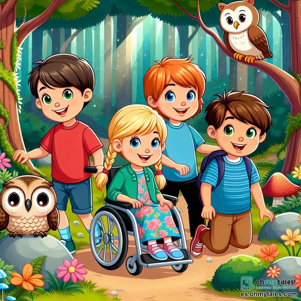 Une illustration sous forme de dessin destinée aux enfants représentant un groupe de quatre enfants de 9 ans, deux garçons aux cheveux bruns et courts, l'un portant un t-shirt rouge et l'autre un t-shirt bleu, et deux filles, l'une avec des cheveux blonds en tresse et une robe à fleurs, et l'autre en fauteuil roulant avec des cheveux châtains et un sourire éclatant, explorant un magnifique et mystérieux forêt enchantée, remplie d'arbres aux feuilles scintillantes et de fleurs colorées, alors qu'ils découvrent une pierre ancienne couverte de musgo, où un sage hibou les observe avec curiosité, symbolisant leur quête pour résoudre un énigme magique et vivre une grande aventure d'amitié.