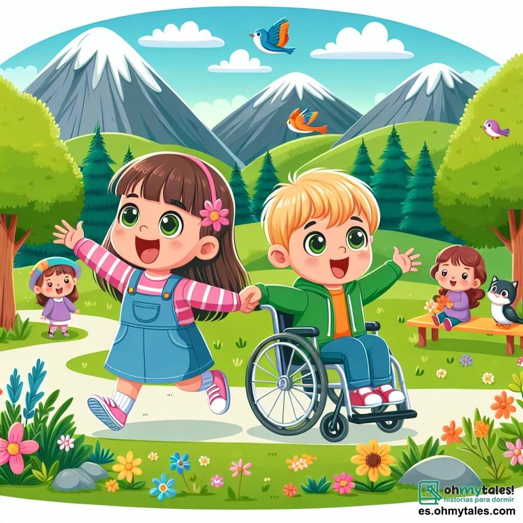 Une illustration destinée aux enfants représentant une petite fille curieuse et pleine d'énergie, accompagnée d'un ami en chaise roulante, découvrant ensemble un magnifique parc entouré de montagnes.