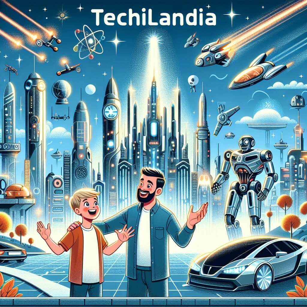 Une illustration destinée aux enfants représentant un jeune garçon émerveillé, explorant une ville futuriste remplie de gratte-ciel scintillants, de voitures volantes et de robots, avec l'aide précieuse d'un ingénieur passionné, dans la fascinante Techlandia.