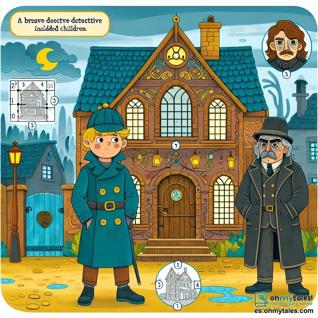 Une illustration destinée aux enfants représentant un détective intrépide, se tenant devant une maison encantada aux fenêtres tapiadas, accompagné d'un mystérieux gardien aux yeux tristes, dans le village pittoresque de Villa Esperanza.