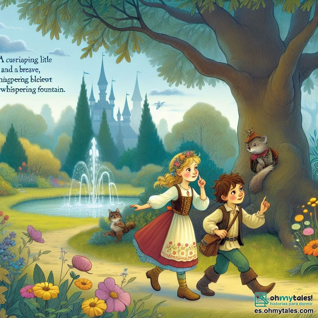Une illustration destinée aux enfants représentant une fillette curieuse et courageuse, accompagnée de son meilleur ami, un garçon imaginatif, explorant un parc enchanteur avec un majestueux chêne, des fleurs colorées et une fontaine murmureuse, à la recherche d'un mystère à résoudre.