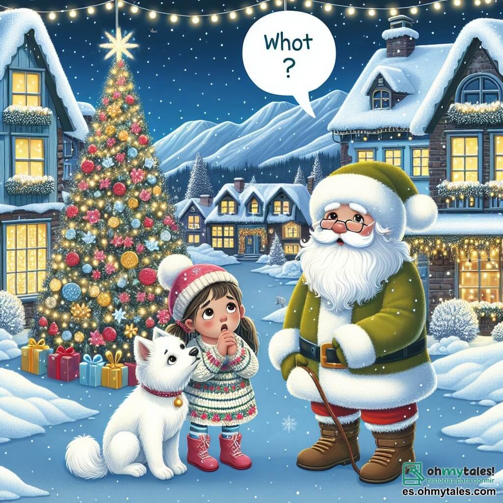 Une illustration destinée aux enfants représentant une petite fille curieuse posant une question au père Noël, accompagnée de son fidèle chien à la fourrure blanche, dans un village de montagne enneigé avec des maisons décorées de guirlandes lumineuses et un grand sapin scintillant au centre de la place principale.