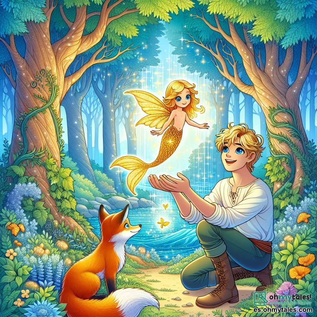 Une illustration sous forme de dessin destinée aux enfants représentant un magnifique Bosque de los Susurros, avec des arbres majestueux aux feuilles scintillantes, où un jeune homme aux cheveux dorés et aux yeux bleus, vêtu de vêtements simples, s'agenouille avec un sourire bienveillant pour libérer un petit poisson doré qui se transforme en une sirène aux écailles brillantes, tandis qu'un zorro à la fourrure orange les observe avec curiosité, capturant le moment magique où la bonté et la magie se rencontrent pour sauver la nature.