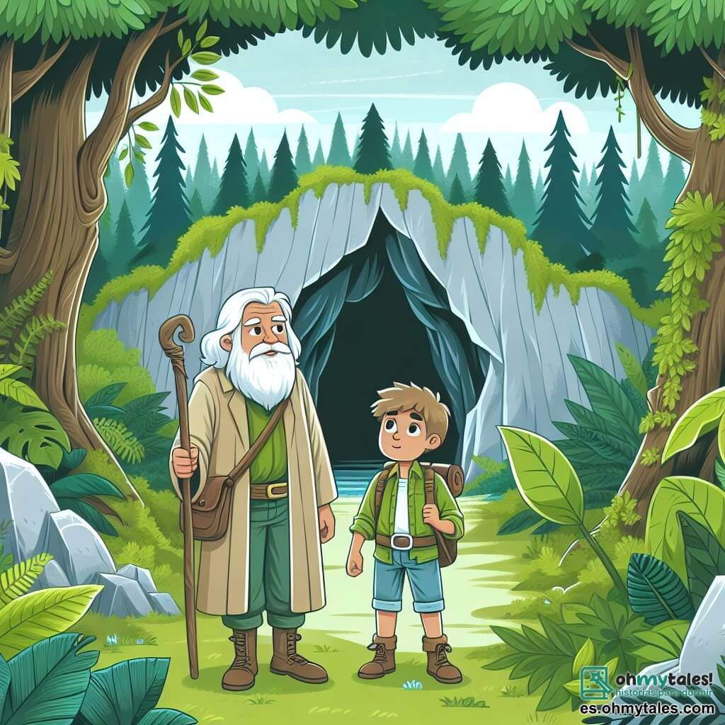 Une illustration destinée aux enfants représentant un jeune explorateur intrépide, accompagné d'un sage mentor, se tenant devant l'entrée mystérieuse d'une cueva cachée au cœur d'une forêt dense et verdoyante.