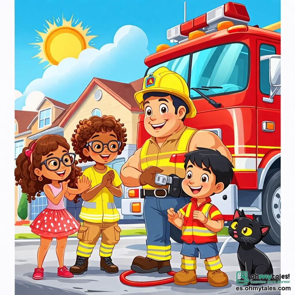 Une illustration sous forme de dessin destinée aux enfants représentant une station de pompiers colorée avec un grand camion rouge brillant garé devant, où un homme musclé avec un casque jaune et une combinaison de pompier, souriant et confiant, montre aux deux enfants, une fille aux cheveux bouclés et un garçon aux lunettes, comment utiliser une manguera, tandis qu'en arrière-plan, des voisins curieux applaudissent et un petit chat noir observe la scène, le tout sous un ciel bleu ensoleillé, illustrant l'esprit d'entraide et d'aventure des pompiers.