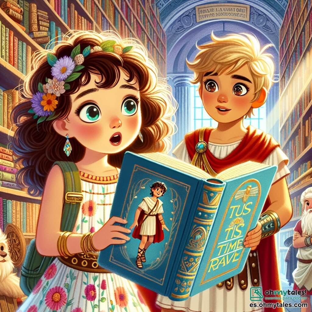 Une illustration sous forme de dessin destinée aux enfants représentant une ancienne bibliothèque remplie de livres aux couvertures colorées, où une fille de 11 ans aux cheveux bruns et bouclés, portant une robe d'été à fleurs, examine avec émerveillement un grand livre bleu sur les voyages dans le temps, tandis qu'à ses côtés, un garçon de son âge aux cheveux blonds et aux yeux pétillants, vêtu d'une tunique romaine, l'observe avec curiosité, alors qu'ils se préparent à vivre une aventure extraordinaire à travers le temps.