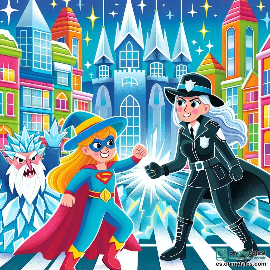 Une illustration destinée aux enfants représentant une superhéroïne courageuse affrontant un méchant sorcier de glace, aux côtés d'une policière déterminée, dans une ville scintillante aux tours étincelantes et aux rues pavées de couleurs vives.