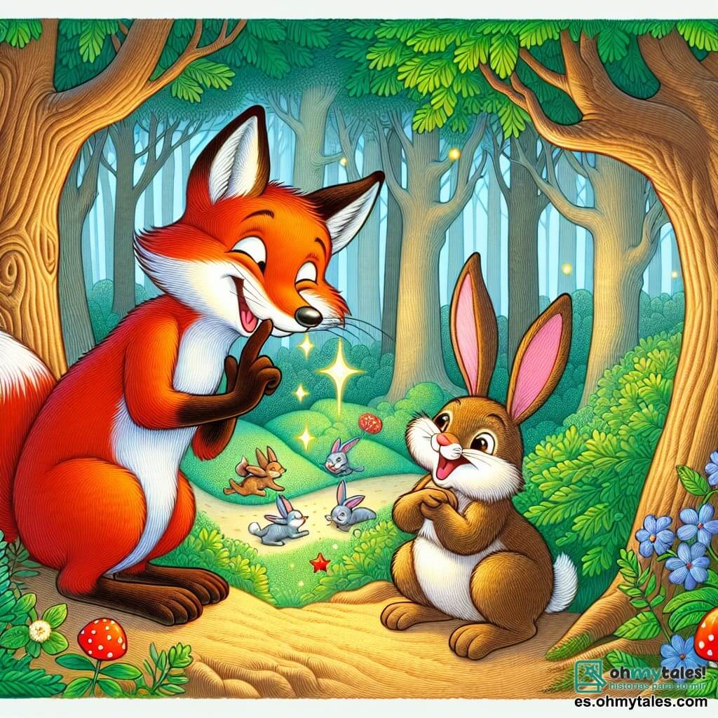 Une illustration destinée aux enfants représentant un rusé renard roux préparant une farce hilarante à un joyeux lapin dans la clairière enchantée du Bois des Rires.