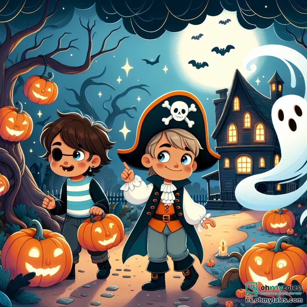 Une illustration destinée aux enfants représentant un jeune garçon déguisé en pirate, explorant une maison hantée avec un ami déguisé en fantôme, entourés de calabazas iluminadas, de feuilles d'automne tourbillonnantes et d'arbres aux branches tordues, dans un petit village mystérieux appelé Villa Alegre.