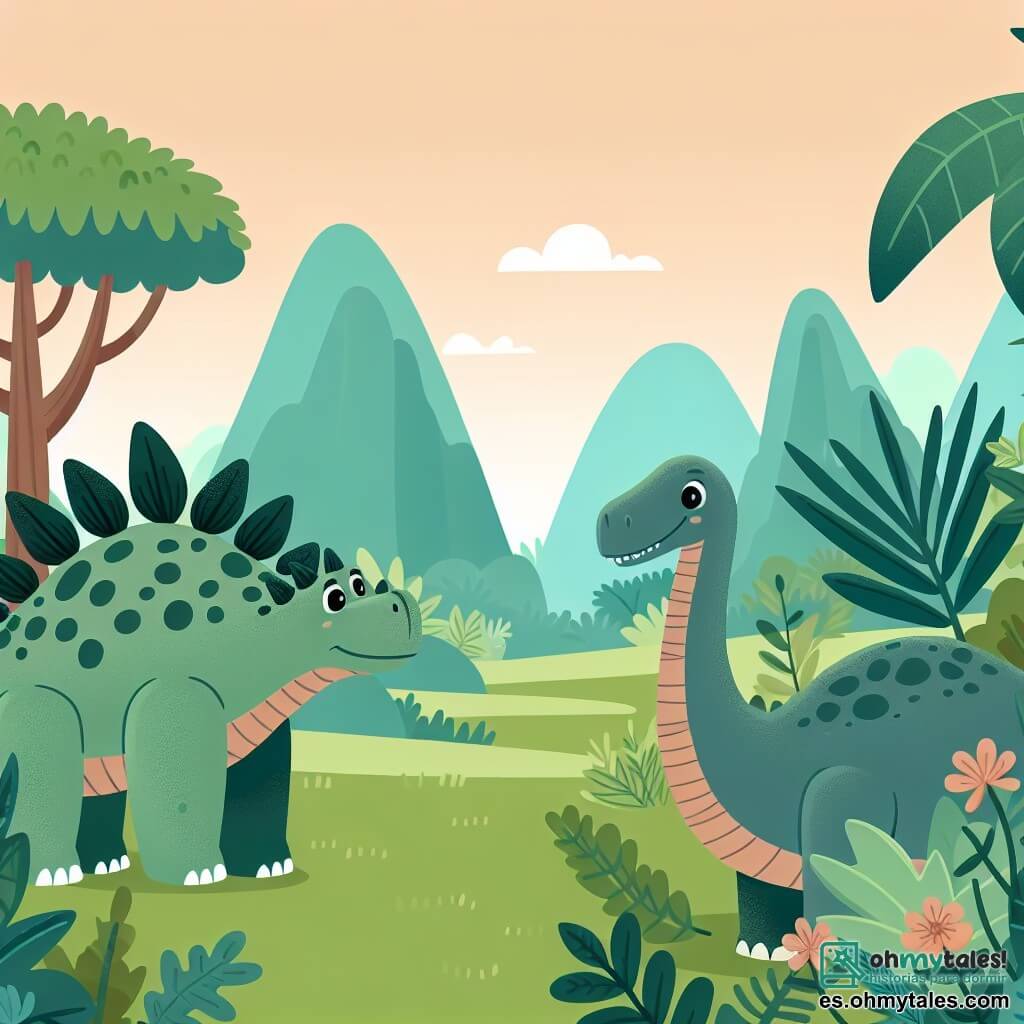 Une illustration destinée aux enfants représentant un stégosaure curieux, se trouvant dans une luxuriante jungle préhistorique, accompagné d'un diplodocus amical, dans le vaste et majestueux vallée des géants.