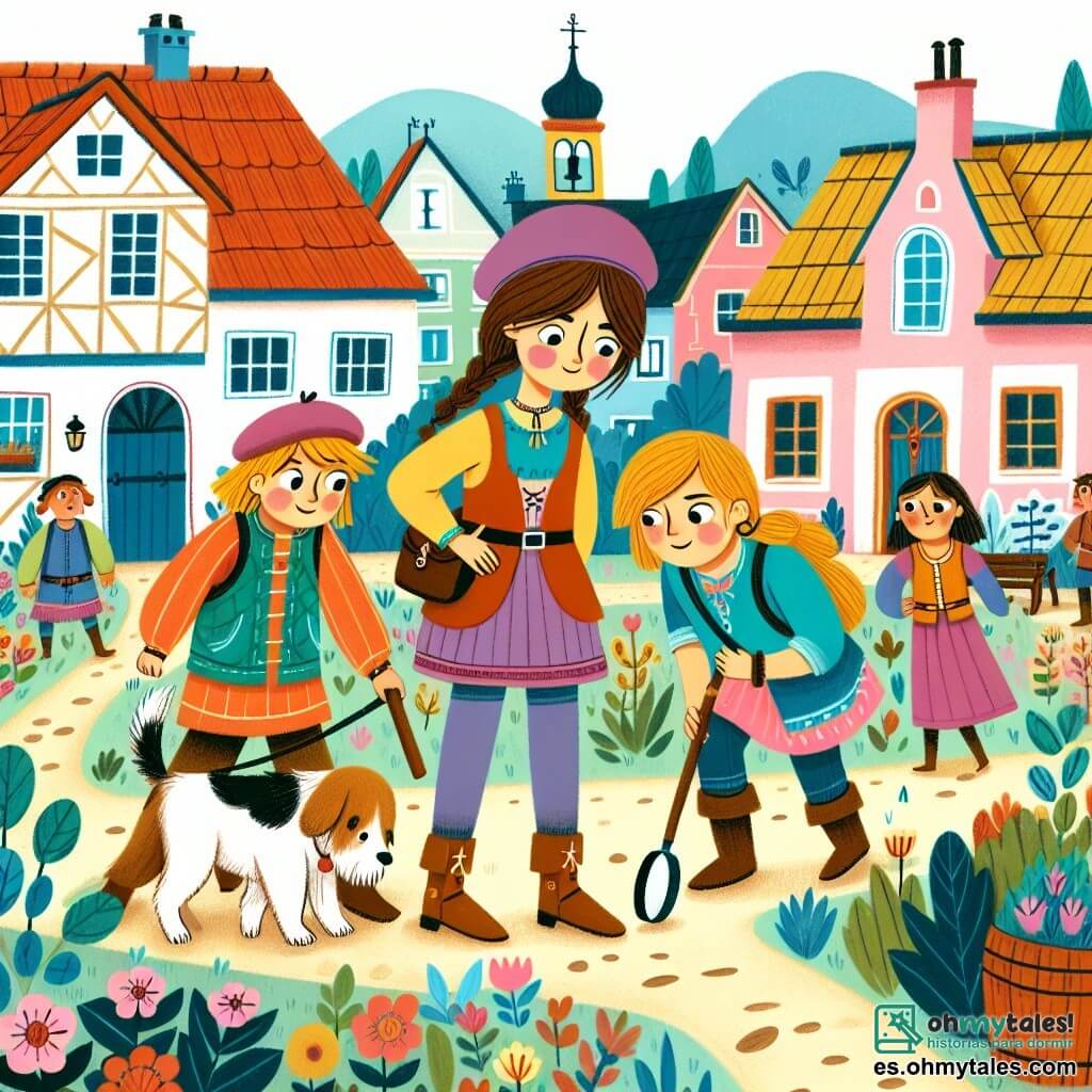 Une illustration destinée aux enfants représentant une fille courageuse et curieuse, accompagnée de ses amis, enquêtant sur la disparition d'un chien dans un paisible vecindario aux maisons colorées et aux jardins fleuris de la petite ville de Vallequieto.