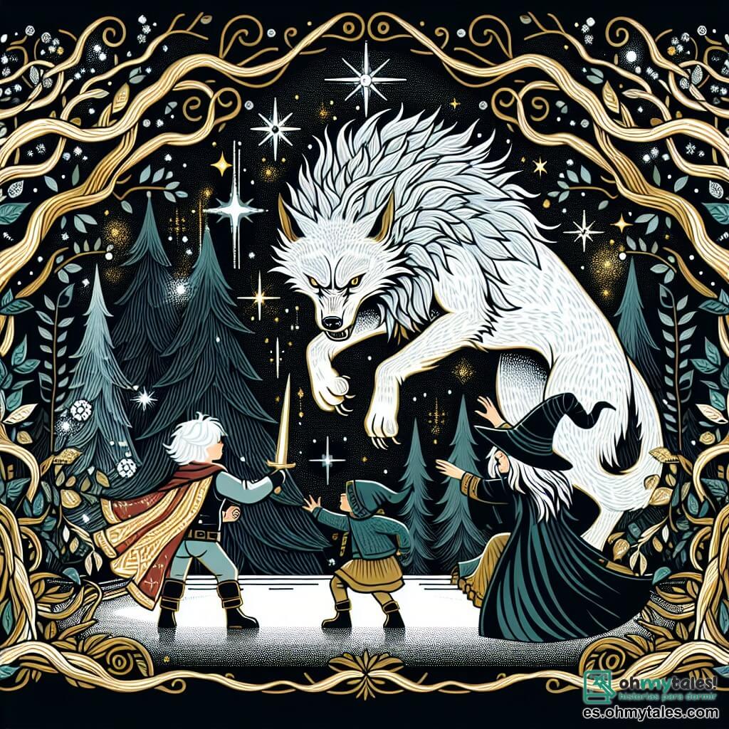 Une illustration destinée aux enfants représentant un garçon courageux affrontant un Grand Loup Féroce dans un mystérieux bosquet enchanté, sous le regard bienveillant d'une vieille sorcière aux cheveux d'argent, entourés de grands arbres aux branches tordues et feuilles scintillantes.
