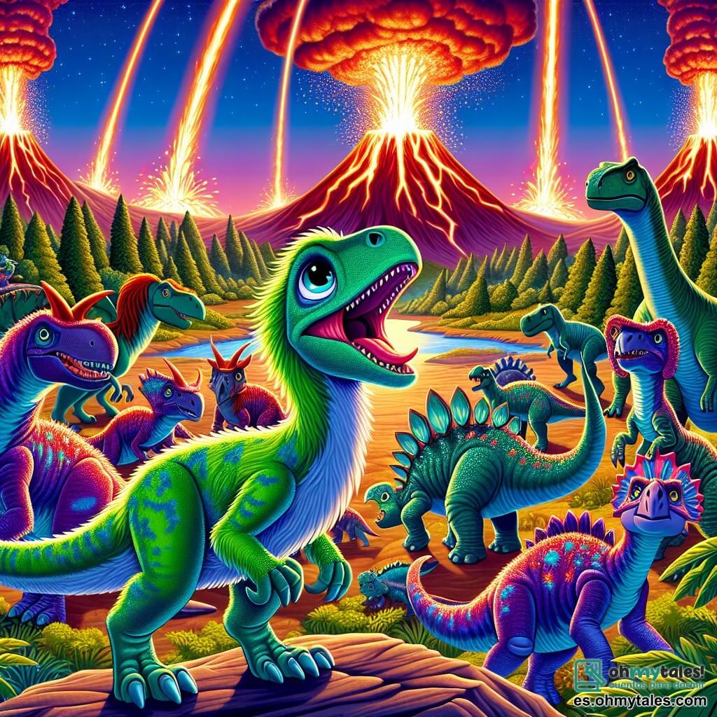 Une illustration sous forme de dessin destinée aux enfants représentant un paysage préhistorique vibrant avec des volcans en éruption en arrière-plan, où un vélociraptor au plumage vert éclatant et aux yeux pétillants d'intelligence se tient courageusement au centre, en train de rassembler une troupe de dinosaures de différentes espèces, dont un triceratops aux cornes majestueuses et un stégosaure au dos hérissé de plaques, tous regardant avec espoir vers la caverne de Cristalina, illuminée par des reflets colorés, alors qu'ils se préparent à se mettre en route pour échapper à un météore menaçant qui approche du ciel.