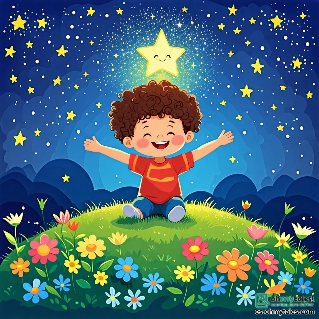 Une illustration sous forme de dessin destinée aux enfants représentant un ciel nocturno étoilé, avec un petit garçon de 2 ans aux cheveux bouclés et aux yeux pétillants, assis sur une colline verdoyante, levant les bras vers une étoile brillante qui sourit, tandis qu'une douce brise fait danser les fleurs autour de lui, symbolisant la quête de la joie et de la lumière à travers un simple sourire.