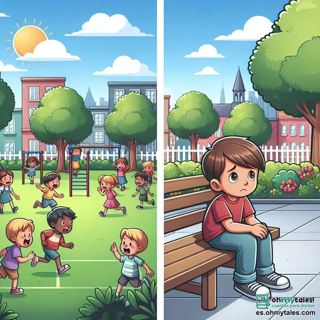 Une illustration sous forme de dessin destinée aux enfants représentant une cour d'école ensoleillée, avec un garçon de 11 ans aux cheveux bruns et aux lunettes, assis sur un banc, l'air triste et pensif, tandis qu'un groupe de garçons, dont l'un a les cheveux blonds et porte un t-shirt rouge, se moque de lui au loin, illustrant la situation de harcèlement scolaire, avec des arbres verdoyants et des enfants jouant en arrière-plan, symbolisant l'innocence et la joie contrastant avec la peine du personnage principal.