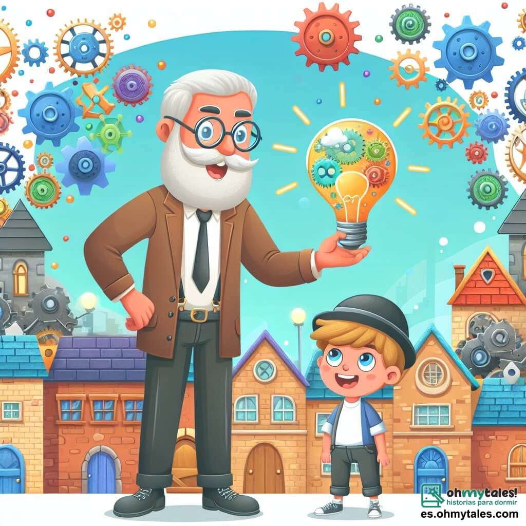 Une illustration destinée aux enfants représentant un inventeur rêveur et passionné, partageant ses idées avec un jeune garçon curieux, dans un petit village coloré rempli de maisons en forme de rouages et d'engrenages.