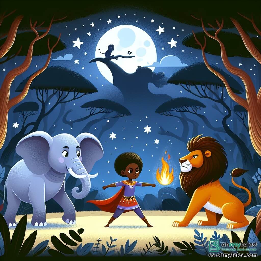 Une illustration destinée aux enfants représentant une jeune femme courageuse affrontant un lion de feu, accompagnée d'un éléphant blanc sage, dans le mystérieux Bosque Encantado de la savane africaine, sous un ciel étoilé scintillant.