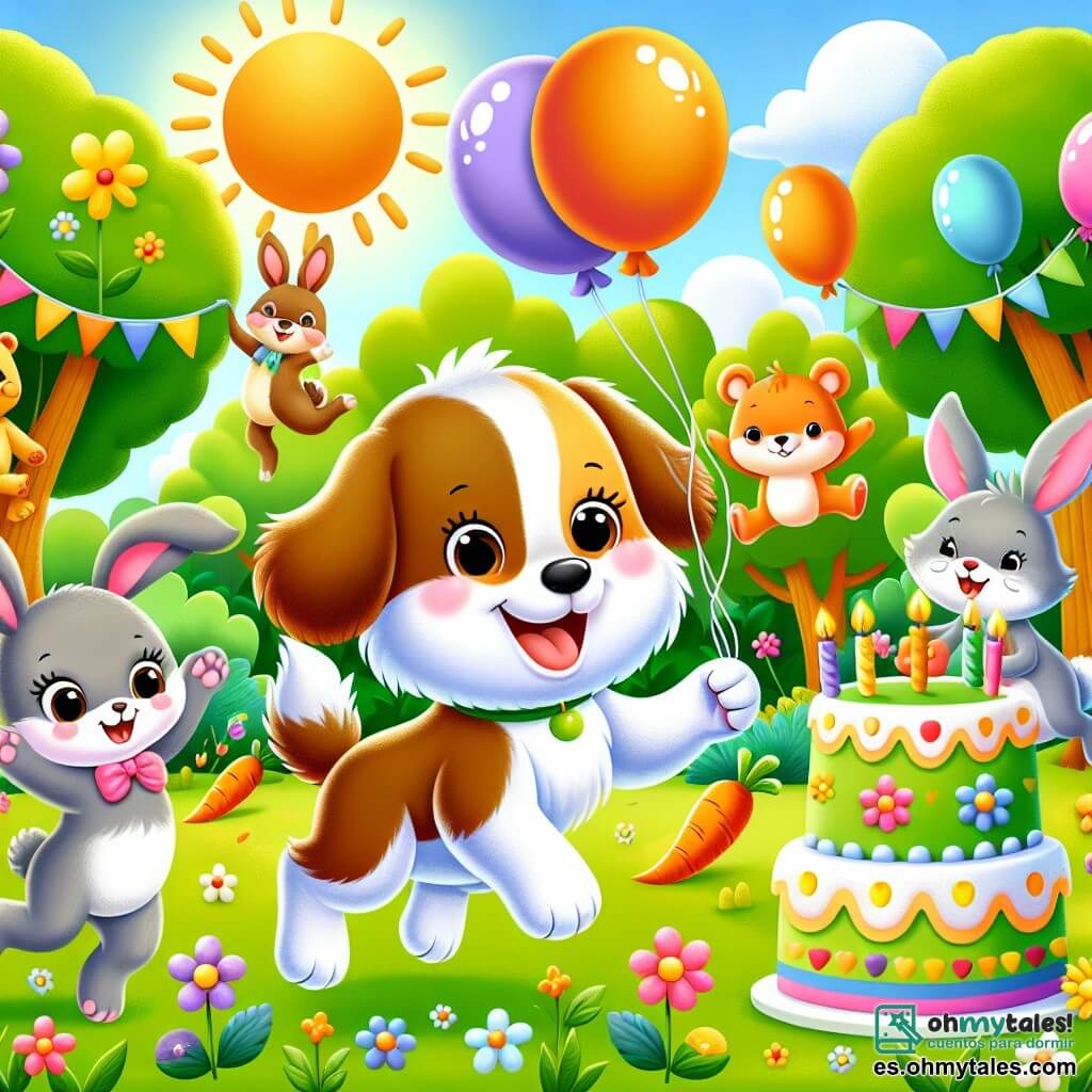 Ilustración que representa una escena alegre en un claro soleado de la Selva Feliz, rodeada de árboles con hojas verdes brillantes y flores coloridas. En el centro, un perro de orejas grandes, con pelaje marrón y blanco, con una expresión traviesa, salta de alegría sosteniendo un globo rojo en su boca. A su lado, un pequeño conejo de orejas grandes y pelaje gris, con ojos brillantes, baila moviendo las patas delanteras, sonriendo ampliamente. En el fondo, animales del bosque, como un oso que baila y un pato que canta, se unen a la fiesta. La escena está llena de globos flotantes, guirnaldas coloridas y un gran pastel de zanahoria decorado, creando una atmósfera festiva y divertida.