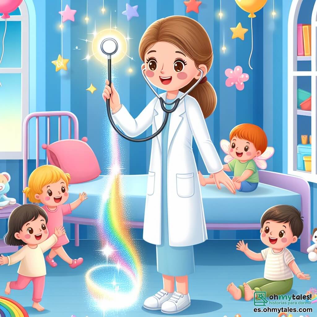 Une illustration destinée aux enfants représentant une médecin femme au sourire lumineux soignant des enfants joyeux avec un estéthoscope brillant dans un hospital mágico aux murs décorés de dessins colorés et de ballons arc-en-ciel.