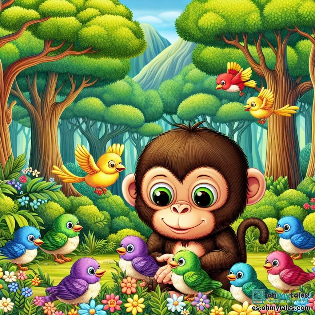 Une illustration destinée aux enfants représentant un singe curieux et espiègle, se retrouvant dans une forêt enchantée, accompagné d'une joyeuse famille d'oiseaux multicolores, dans un paysage luxuriant rempli d'arbres majestueux et de fleurs éclatantes.