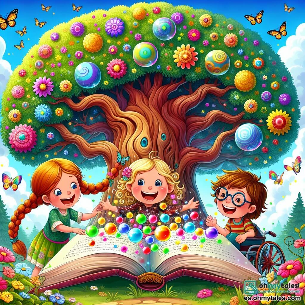 Ilustración que representa un gran árbol majestuoso con hojas brillantes de colores vivos, con un tronco ancho y nudoso, ubicado en el corazón de un jardín mágico lleno de flores multicolores y mariposas danzantes. A los pies del árbol, una niña de unos 8 años con trenzas rubias sonríe alegremente, sus ojos brillando de picardía. A su lado, un niño curioso de 7 años, con gafas redondas y cabello castaño alborotado, mira con asombro el libro gigante apoyado en el tronco. Finalmente, una niña de aproximadamente 6 años, sentada en una bonita silla de ruedas decorada con patrones coloridos, ríe a carcajadas, sus ojos brillando de emoción. La escena muestra a los tres amigos intentando lanzar un hechizo diciendo "Abracadabra", mientras una lluvia de globos multicolores sale del libro, flotando alegremente en el aire. Burbujas de jabón estallan a su alrededor, creando una atmósfera lúdica y mágica. En el fondo, el cielo está soleado, y los estallidos de risa parecen casi visibles, sumando a la alegre y fantasiosa ambientación de esta aventura.