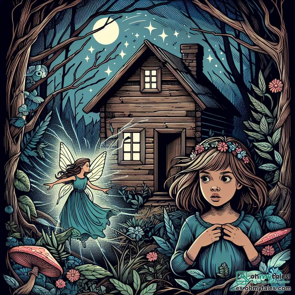 Une illustration destinée aux enfants représentant une jeune fille au destin brisé, contrainte à vivre des injustices avec l'aide d'une fée magique, dans une maison de bois sombre et mystérieuse au cœur d'une forêt enchantée.