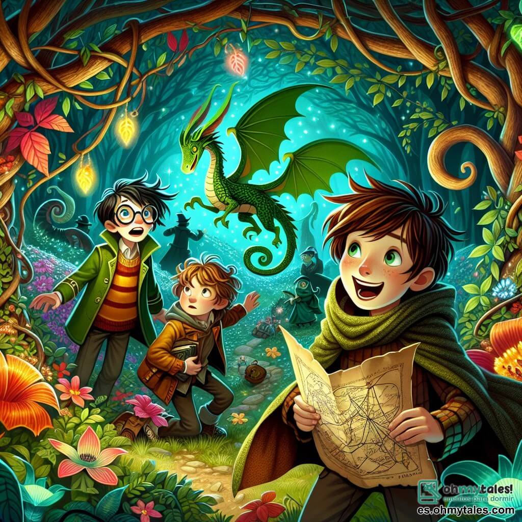 Ilustración que representa un claro encantado en el corazón de un bosque mágico, donde árboles de troncos retorcidos y hojas multicolores bailan al ritmo del viento. En el centro, un niño de doce años, con el cabello despeinado y una capa descolorida, muestra una gran sonrisa de emoción mientras sostiene un mapa garabateado en la mano. A su lado, un niño con gafas redondas, con un libro de magia al revés bajo el brazo, mira con ojos muy abiertos, mientras otro niño, con cabello castaño y una expresión curiosa, se agacha para observar a un pequeño duendecillo de orejas puntiagudas y rostro travieso, que parece contarles una historia. Al fondo, un dragón esmeralda de escamas brillantes se eleva majestuosamente, con las alas desplegadas, listo para emprender el vuelo. Flores luminosas y setas coloridas salpican el suelo, añadiendo un toque de magia a esta escena llena de aventura y camaradería.