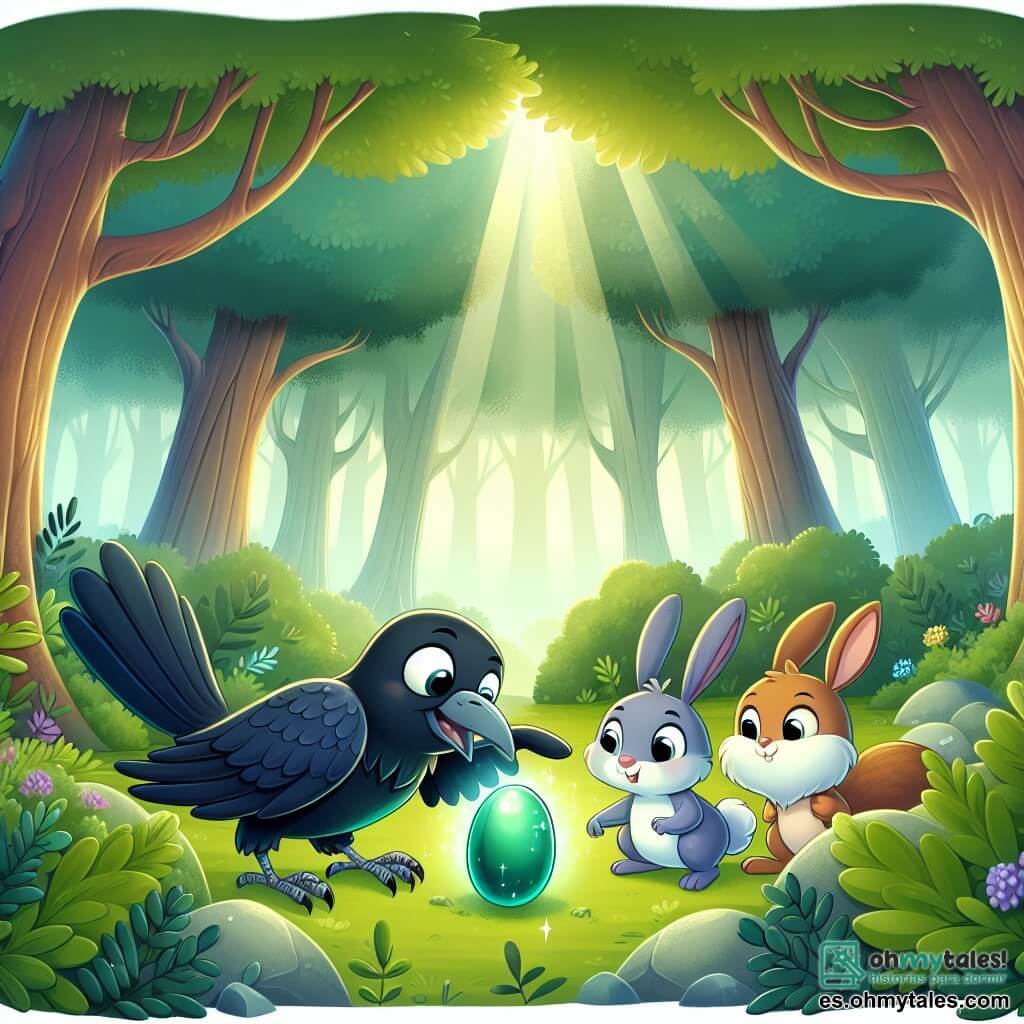 Une illustration destinée aux enfants représentant un corbeau malicieux découvrant un mystérieux objet brillant dans un frondieux bosquet, accompagné d'un lapin garçon et d'une écureuil fille, entourés de majestueux arbres verdoyants et d'une douce lumière filtrant à travers les feuilles.