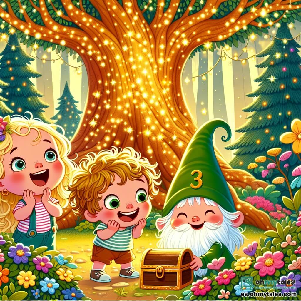 Une illustration sous forme de dessin destinée aux enfants représentant un magnifique Bosque Brillante, rempli d'arbres hauts aux feuilles scintillantes et de fleurs colorées chantant au vent, où un groupe de trois enfants de 3 ans, deux filles aux cheveux dorés et bouclés, et un garçon avec une coupe de cheveux ébouriffée, se tiennent émerveillés devant un grand arbre doré, découvrant une petite boîte cachée entre les racines, tandis qu'un duende souriant avec un chapeau vert les observe joyeusement, créant une atmosphère magique et d'aventure.