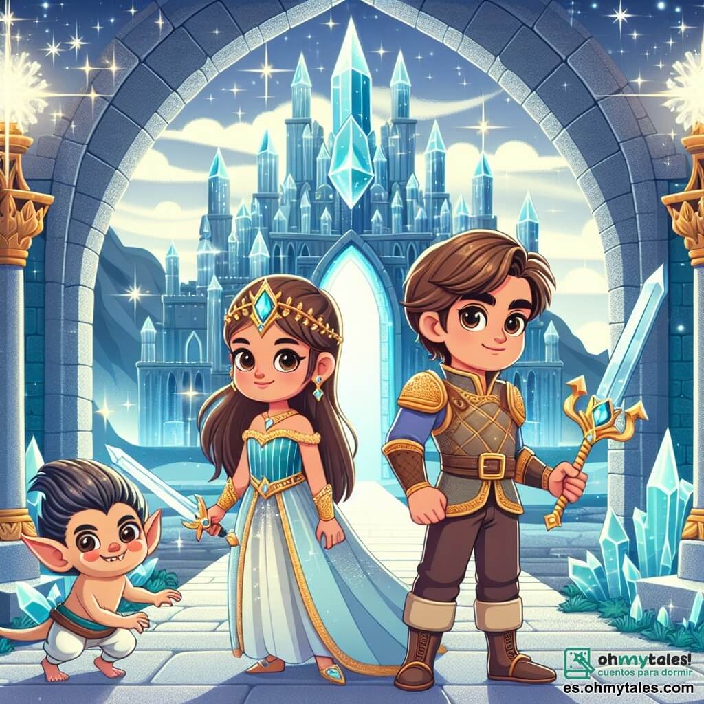 Une illustration sous forme de dessin destinée aux enfants représentant un majestueux château de cristal scintillant sous un ciel étoilé, avec un prince courageux aux cheveux bruns et aux yeux pétillants, brandissant une épée brillante, accompagné d'une vaillante guerrière aux cheveux longs et dorés, portant une armure étincelante, et d'un petit duende espiègle aux oreilles pointues et au sourire malicieux, alors qu'ils se tiennent devant un immense portique de pierre, prêts à affronter un dragon pour récupérer un artefact magique qui apportera paix et prospérité à leur royaume.