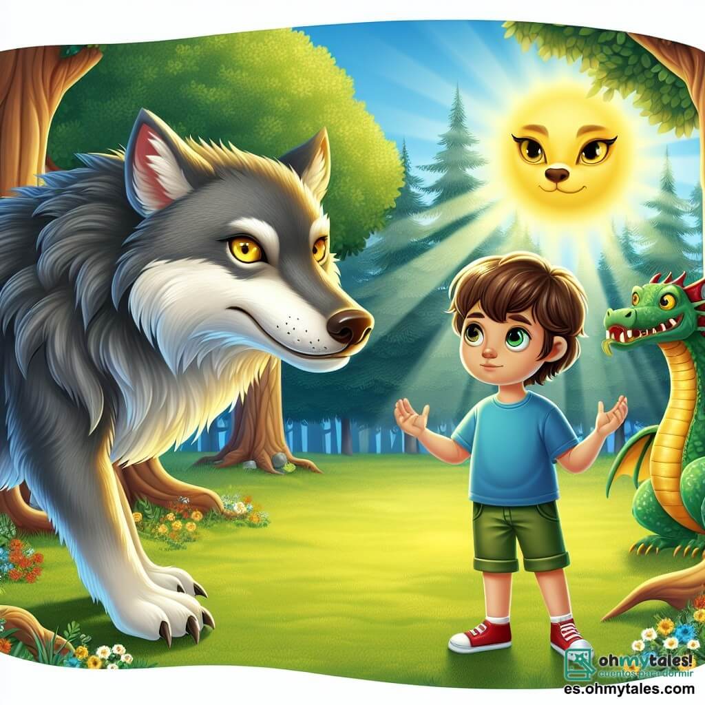 Une illustration sous forme de dessin destinée aux enfants représentant un clairière ensoleillée au cœur d'un forêt enchantée, où un garçon de 9 ans aux cheveux châtains et aux yeux pétillants, vêtu d'un t-shirt bleu et de shorts verts, se tient courageusement face à un grand loup aux yeux jaunes et au pelage gris, qui semble à la fois menaçant et triste, tandis qu'un dragon aux écailles brillantes et dorées, flottant doucement au-dessus d'eux, observe la scène avec curiosité, créant une atmosphère de tension et d'espoir, alors que le garçon tente de convaincre le loup de changer ses manières.