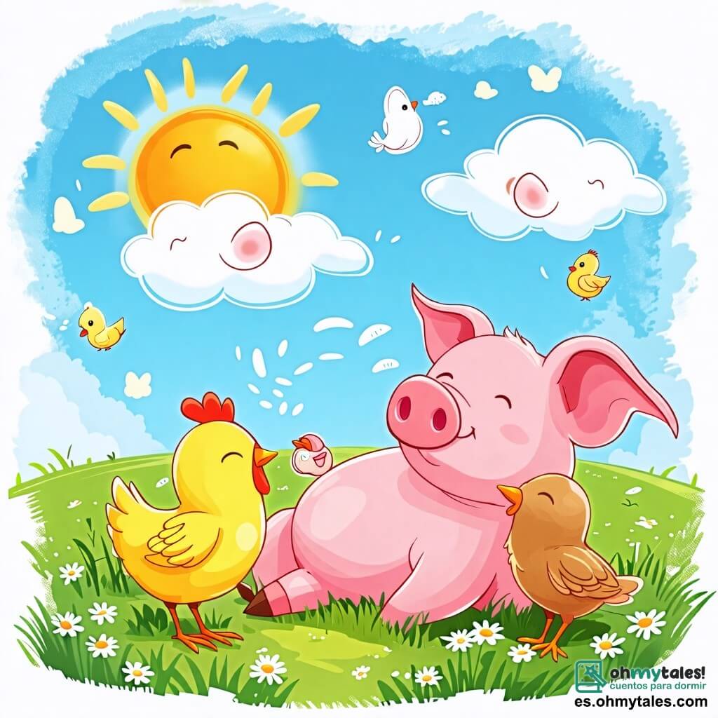 Une illustration sous forme de dessin destinée aux enfants représentant une belle ferme ensoleillée avec des champs verdoyants et un ciel bleu parsemé de nuages blancs, où un petit cochon rose aux grandes oreilles et aux yeux pétillants, allongé sur l'herbe, rêve de voler tout en observant les nuages, entouré de sa meilleure amie, une gallinette jaune aux plumes brillantes qui lui sourit, et d'une ardillon espiègle au pelage brun qui saute joyeusement, capturant l'instant magique où l'imagination prend son envol.