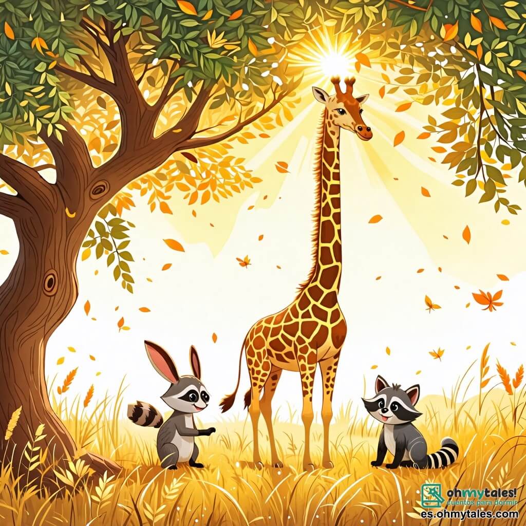 Une illustration sous forme de dessin destinée aux enfants représentant une vaste savane ensoleillée avec des herbes dorées et un arbre brillant au centre, où se trouve une girafe au long cou tacheté de brun et de blanc, souriante et jouant joyeusement avec un petit raton, aux grandes oreilles et à la fourrure grise, alors qu'ils s'amusent ensemble sous les feuilles scintillantes de l'arbre magique qui exauce les souhaits, symbolisant l'importance de l'amitié et de la joie.